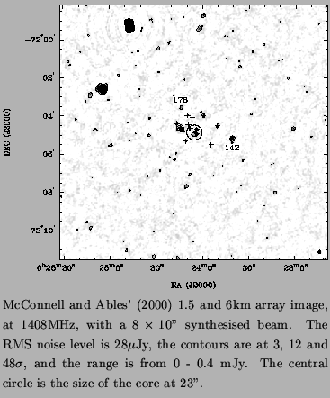 % latex2html id marker 908
$\textstyle \parbox{8cm}{
\epsfig{file=pres1.c059.con...
...e is from 0 - 0.4 mJy.
The central circle is the size of the core at 23''.} }$